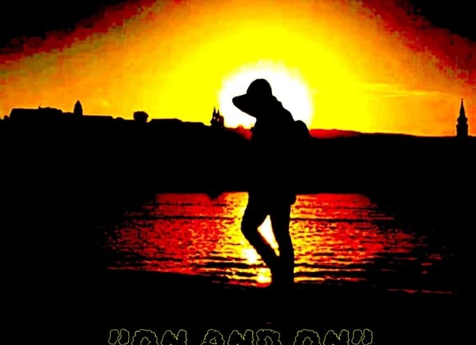 Silhouette walking the shoreline at sunset, "On and On" artwork